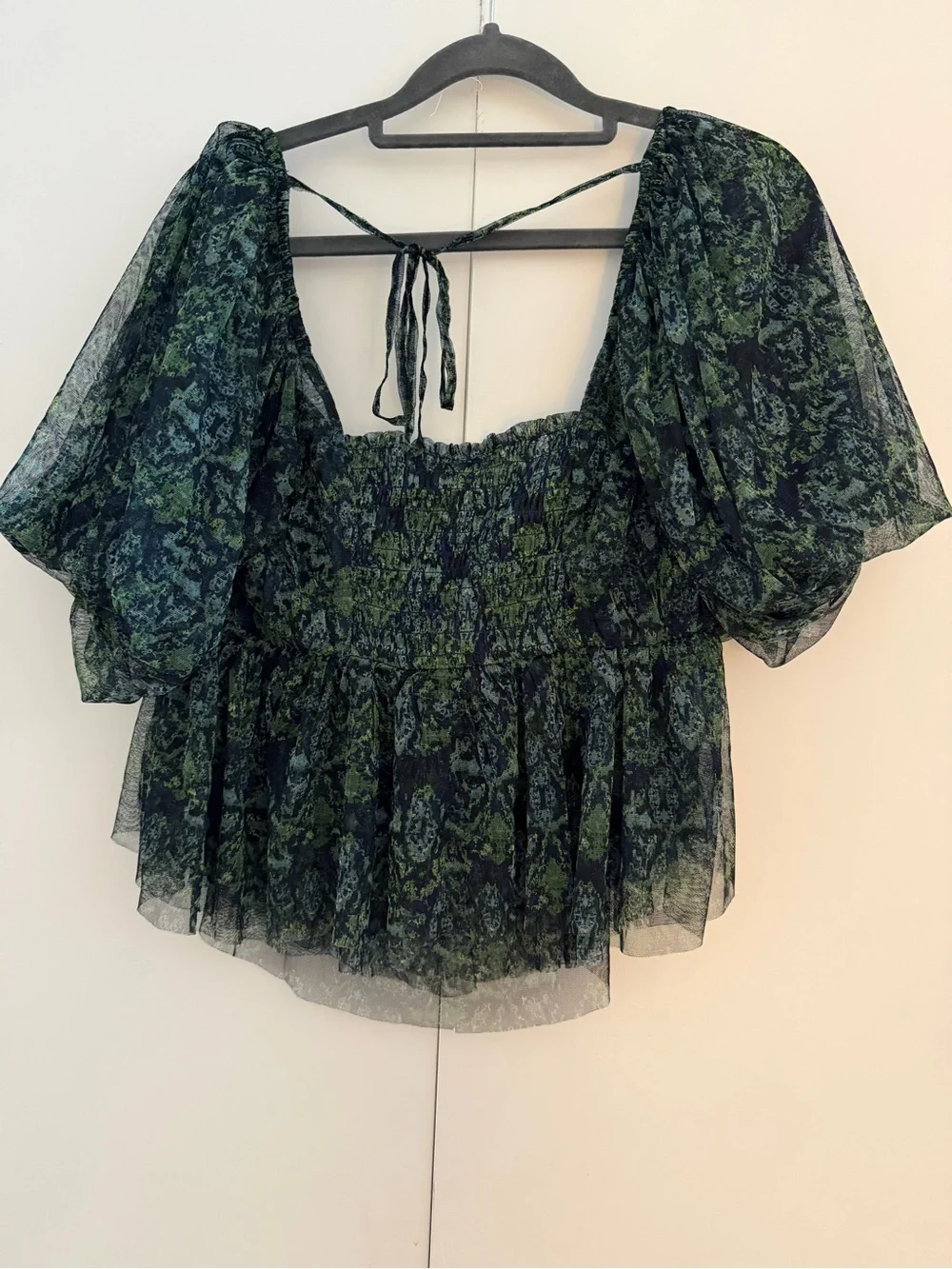 Free People Dark Green Printed Sheer Puff Sleeve Blouse